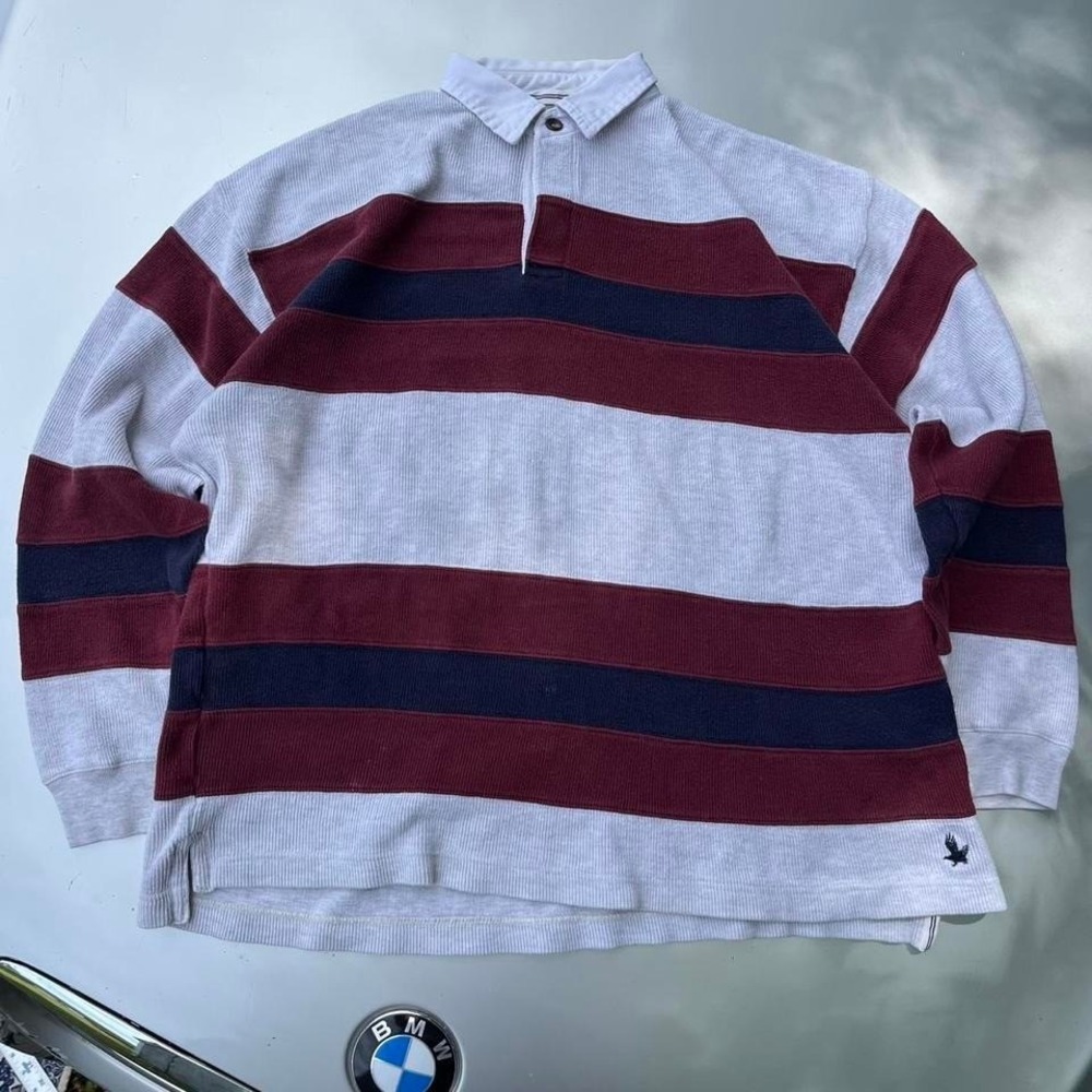 Burgundy and white striped 2000s American Eagle long sleeve polo field rugby